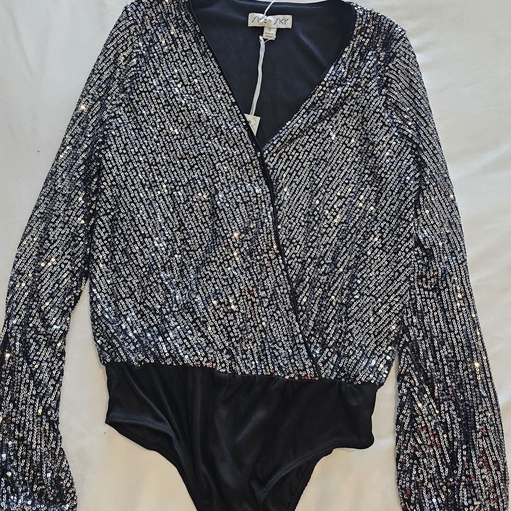 She & Sky Silver Sequin Bodysuit